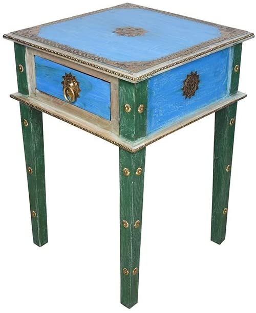 Rosmonte - Handmade Indian Wooden End Table - Blue and Green with Brass Accents - Nightstand, End Table with Drawer - 18 x 18 x 27 Inches
