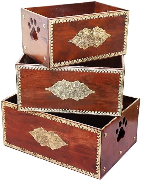 Rosmonte - Wooden Storage Boxes with Brass Accents - for Toys, Books, Keepsakes, Crafts, Pet Toys - Decorative Wooden Box Set of 3