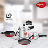 Pigeon Induction Base Mini Starter Kit Outerlid Aluminium Set 2 Liter + 3 Liter + 5 Liter + Tawa Skillet 250mm + Kadai Wok 240mm Pressure Cooker Set 6 Piece Set Silver