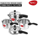 Pigeon Induction Base Outer Lid Stainless Steel Set 2 Liter+ 3 Liter + 5 Liter Pressure Cooker Set- Cook delicious food in less time: soups, rice, legume and more 5 Piece Set Silver