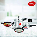 Pigeon Induction Base Mini Starter Kit Outerlid Aluminium Set 2 Liter + 3 Liter + 5 Liter + Tawa Skillet 250mm + Kadai Wok 240mm Pressure Cooker Set 6 Piece Set Silver