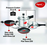 Pigeon Induction Base Mini Starter Kit Outerlid Aluminium Set 2 Liter + 3 Liter + 5 Liter + Tawa Skillet 250mm + Kadai Wok 240mm Pressure Cooker Set 6 Piece Set Silver