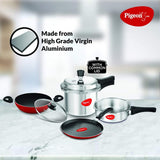 Pigeon Induction Base Mini Starter Kit Outerlid Aluminium Set 2 Liter + 3 Liter + 5 Liter + Tawa Skillet 250mm + Kadai Wok 240mm Pressure Cooker Set 6 Piece Set Silver