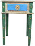 Rosmonte - Handmade Indian Wooden End Table - Blue and Green with Brass Accents - Nightstand, End Table with Drawer - 18 x 18 x 27 Inches