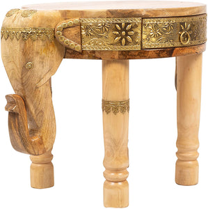 Rosmonte Hand Carved Round Wooden Coffee Table with Drawer - Wooden Elephant Side Table with Brass Accents - 14.5 x 14.5 x 15 Inches - Made from Long Lasting Mango Wood - Fully Assembled