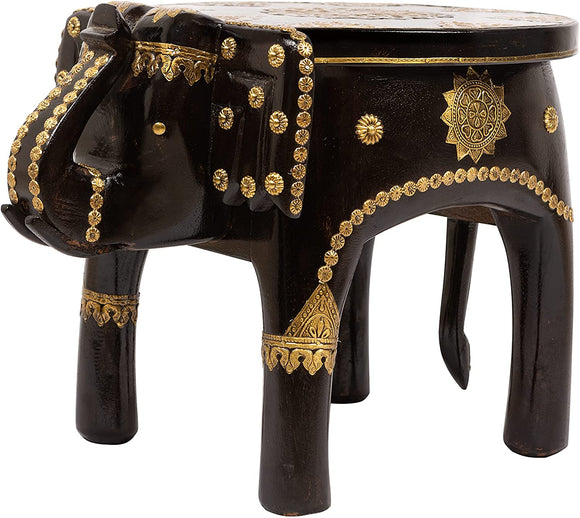 Rosmonte - Hand Carved Wooden Coffee Table - Dark Brown Wooden Elephant Side Table with Brass Accents - 17 x 13 x 14 Inches- Made from Long Lasting Mango Wood - Fully Assembled
