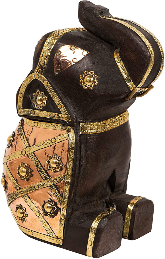 Rosmonte Decorative Wooden Indian Elephant Bookend Figurine - Solid Wood Elephant Décor with Brass Accents - 3 x 2.5 x 6 Inches - Made from Long Lasting Mango Wood