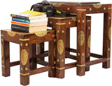 Rosmonte Handmade Indian Wooden Nesting Tables with Brass Accents - 19.5 x 12 x 18 inches - 3 Piece Set - Coffee Table, End Table - Made from Eco Friendly & Long Lasting Mango Wood - Fully Assembled