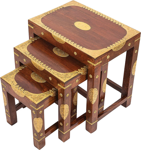 Rosmonte Handmade Indian Wooden Nesting Tables with Brass Accents - 19.5 x 12 x 18 inches - 3 Piece Set - Coffee Table, End Table - Made from Eco Friendly & Long Lasting Mango Wood - Fully Assembled