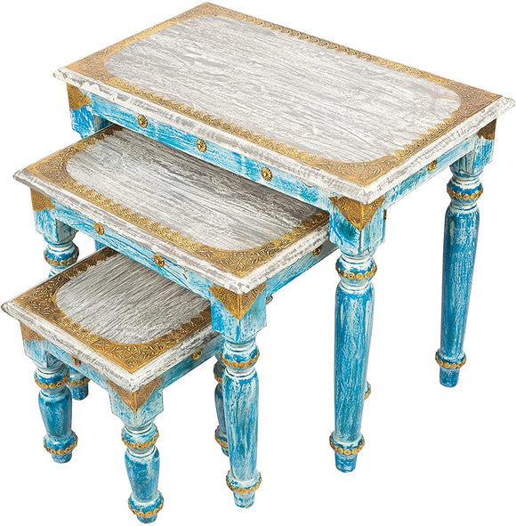 Rosmonte Handmade Blue Indian Wooden Nesting Tables with Brass Accents - Coffee Table, End Table - 3 Piece Set - 24 x 14 x 21 Inches - Made from Long Lasting Mango Wood - Fully Assembled